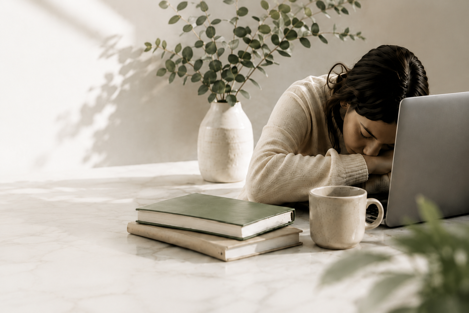 Tired woman resting her head on her arms at a marble desk beside a laptop and eucalyptus plant.