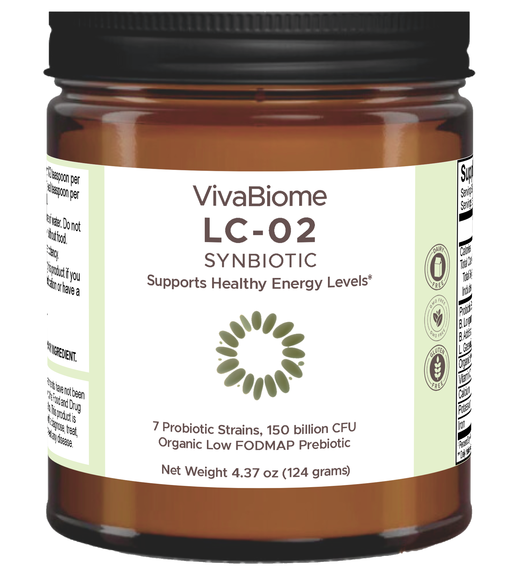 VivaBiome LC-02 Synbiotic — 150 billion CFU, 7 probiotic strains, organic low FODMAP prebiotic