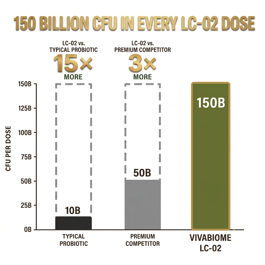 150 billion CFU in every LC-02 dose — 15x more than typical probiotics, 3x more than premium competitors