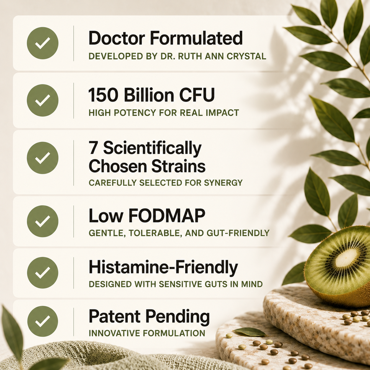 LC-02 benefits checklist — doctor formulated, 150 billion CFU, 7 scientifically chosen strains, low FODMAP, histamine-friendly, patent pending